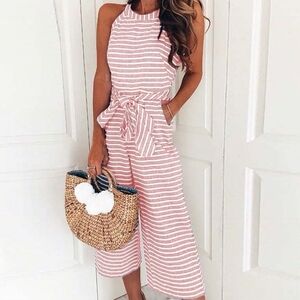 Pink & White Striped Jumpsuit, M